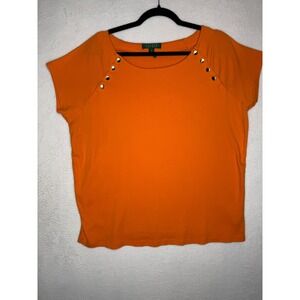 Lauren Ralph Lauren Button Shoulder Knit Top 2X Orange Short Sleeve Casual NEW